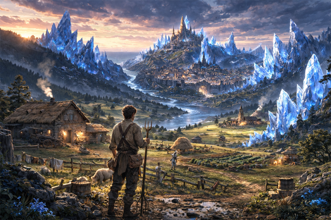 A rough AI generation showing the landscape of Stillwater-Reach. A view from the farmlands looking towards the main castle in the city of Glassfall.
